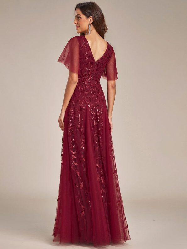 Shimmery V Neck Ruffle Sleeves Sequin Maxi Long Evening Dress - Burgundy