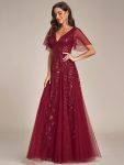 Shimmery V Neck Ruffle Sleeves Sequin Maxi Long Evening Dress – Burgundy