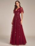 Shimmery V Neck Ruffle Sleeves Sequin Maxi Long Evening Dress – Burgundy