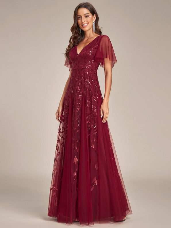 Shimmery V Neck Ruffle Sleeves Sequin Maxi Long Evening Dress - Burgundy