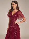 Shimmery V Neck Ruffle Sleeves Sequin Maxi Long Evening Dress – Burgundy