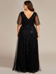 Shimmery V Neck Ruffle Sleeves Sequin Maxi Long Evening Dress – Black