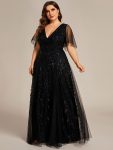 Shimmery V Neck Ruffle Sleeves Sequin Maxi Long Evening Dress – Black