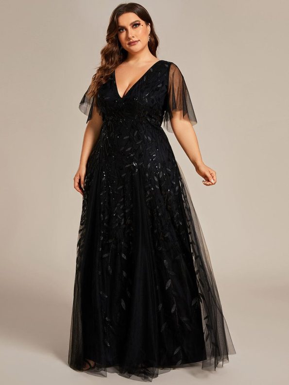 Shimmery V Neck Ruffle Sleeves Sequin Maxi Long Evening Dress - Black