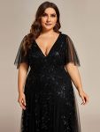 Shimmery V Neck Ruffle Sleeves Sequin Maxi Long Evening Dress – Black