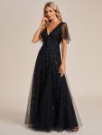 Shimmery V Neck Ruffle Sleeves Sequin Maxi Long Evening Dress – Black