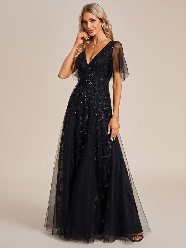 Shimmery V Neck Ruffle Sleeves Sequin Maxi Long Evening Dress - Black