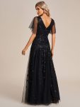 Shimmery V Neck Ruffle Sleeves Sequin Maxi Long Evening Dress – Black