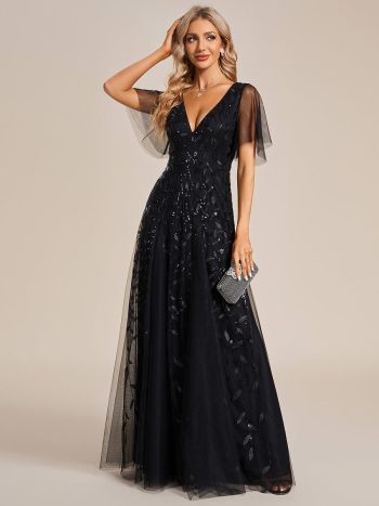 Shimmery V Neck Ruffle Sleeves Sequin Maxi Long Evening Dress - Black