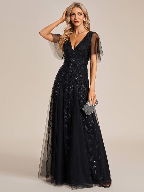 Shimmery V Neck Ruffle Sleeves Sequin Maxi Long Evening Dress - Black