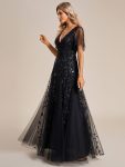 Shimmery V Neck Ruffle Sleeves Sequin Maxi Long Evening Dress – Black