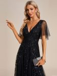 Shimmery V Neck Ruffle Sleeves Sequin Maxi Long Evening Dress – Black