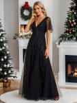 Shimmery V Neck Ruffle Sleeves Sequin Maxi Long Evening Dress – Black