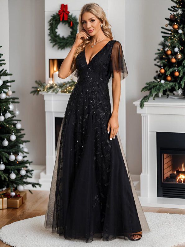 Shimmery V Neck Ruffle Sleeves Sequin Maxi Long Evening Dress - Black