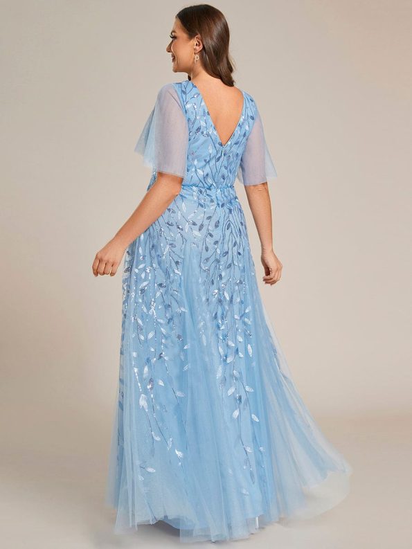 Shimmery V Neck Ruffle Sleeves Sequin Maxi Long Evening Dress - Sky Blue