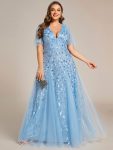 Shimmery V Neck Ruffle Sleeves Sequin Maxi Long Evening Dress – Sky Blue