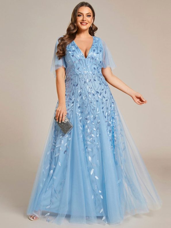 Shimmery V Neck Ruffle Sleeves Sequin Maxi Long Evening Dress - Sky Blue