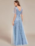 Shimmery V Neck Ruffle Sleeves Sequin Maxi Long Evening Dress – Sky Blue