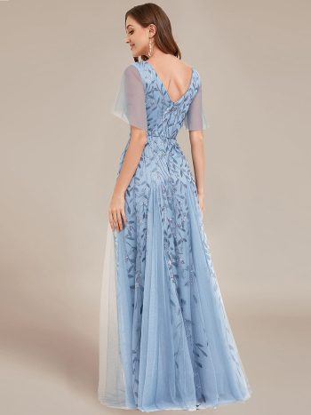 Shimmery V Neck Ruffle Sleeves Sequin Maxi Long Evening Dress - Sky Blue