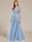 Shimmery V Neck Ruffle Sleeves Sequin Maxi Long Evening Dress – Sky Blue