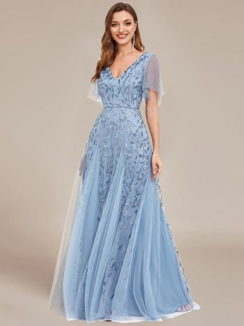 Shimmery V Neck Ruffle Sleeves Sequin Maxi Long Evening Dress - Sky Blue