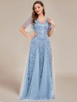 Shimmery V Neck Ruffle Sleeves Sequin Maxi Long Evening Dress – Sky Blue