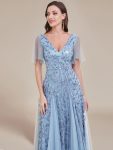 Shimmery V Neck Ruffle Sleeves Sequin Maxi Long Evening Dress – Sky Blue