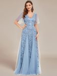 Shimmery V Neck Ruffle Sleeves Sequin Maxi Long Evening Dress – Sky Blue