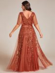 Shimmery V Neck Ruffle Sleeves Sequin Maxi Long Evening Dress – Burnt Orange