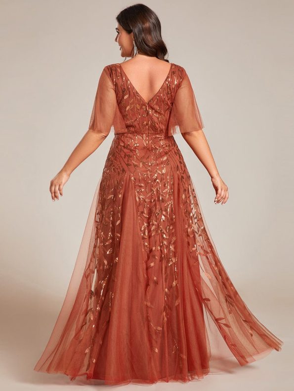 Shimmery V Neck Ruffle Sleeves Sequin Maxi Long Evening Dress - Burnt Orange