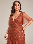 Shimmery V Neck Ruffle Sleeves Sequin Maxi Long Evening Dress – Burnt Orange