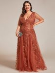 Shimmery V Neck Ruffle Sleeves Sequin Maxi Long Evening Dress – Burnt Orange