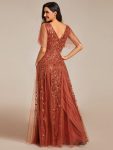 Shimmery V Neck Ruffle Sleeves Sequin Maxi Long Evening Dress – Burnt Orange