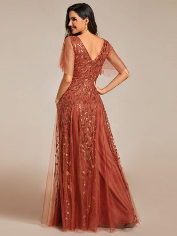 Shimmery V Neck Ruffle Sleeves Sequin Maxi Long Evening Dress - Burnt Orange