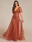 Shimmery V Neck Ruffle Sleeves Sequin Maxi Long Evening Dress – Burnt Orange