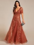 Shimmery V Neck Ruffle Sleeves Sequin Maxi Long Evening Dress - Burnt Orange