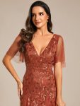 Shimmery V Neck Ruffle Sleeves Sequin Maxi Long Evening Dress – Burnt Orange