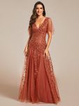 Shimmery V Neck Ruffle Sleeves Sequin Maxi Long Evening Dress – Burnt Orange