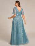 Shimmery V Neck Ruffle Sleeves Sequin Maxi Long Evening Dress – Dusty Blue