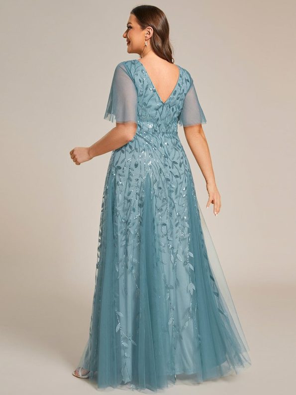 Shimmery V Neck Ruffle Sleeves Sequin Maxi Long Evening Dress - Dusty Blue