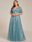 Shimmery V Neck Ruffle Sleeves Sequin Maxi Long Evening Dress – Dusty Blue