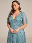 Shimmery V Neck Ruffle Sleeves Sequin Maxi Long Evening Dress – Dusty Blue