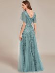 Shimmery V Neck Ruffle Sleeves Sequin Maxi Long Evening Dress – Dusty Blue