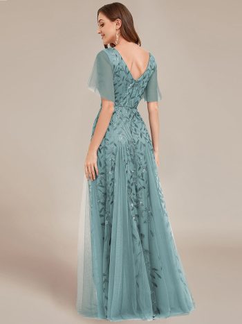 Shimmery V Neck Ruffle Sleeves Sequin Maxi Long Evening Dress - Dusty Blue