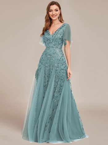 Shimmery V Neck Ruffle Sleeves Sequin Maxi Long Evening Dress - Dusty Blue