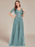 Shimmery V Neck Ruffle Sleeves Sequin Maxi Long Evening Dress – Dusty Blue