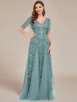 Shimmery V Neck Ruffle Sleeves Sequin Maxi Long Evening Dress – Dusty Blue