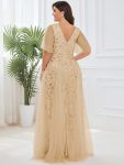 Shimmery V Neck Ruffle Sleeves Sequin Maxi Long Evening Dress – Gold