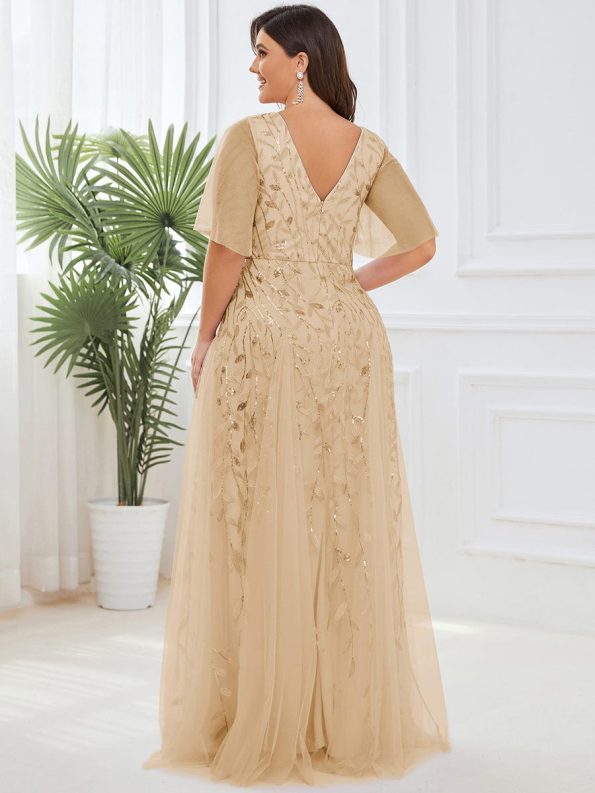 Shimmery V Neck Ruffle Sleeves Sequin Maxi Long Evening Dress - Gold