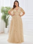 Shimmery V Neck Ruffle Sleeves Sequin Maxi Long Evening Dress – Gold